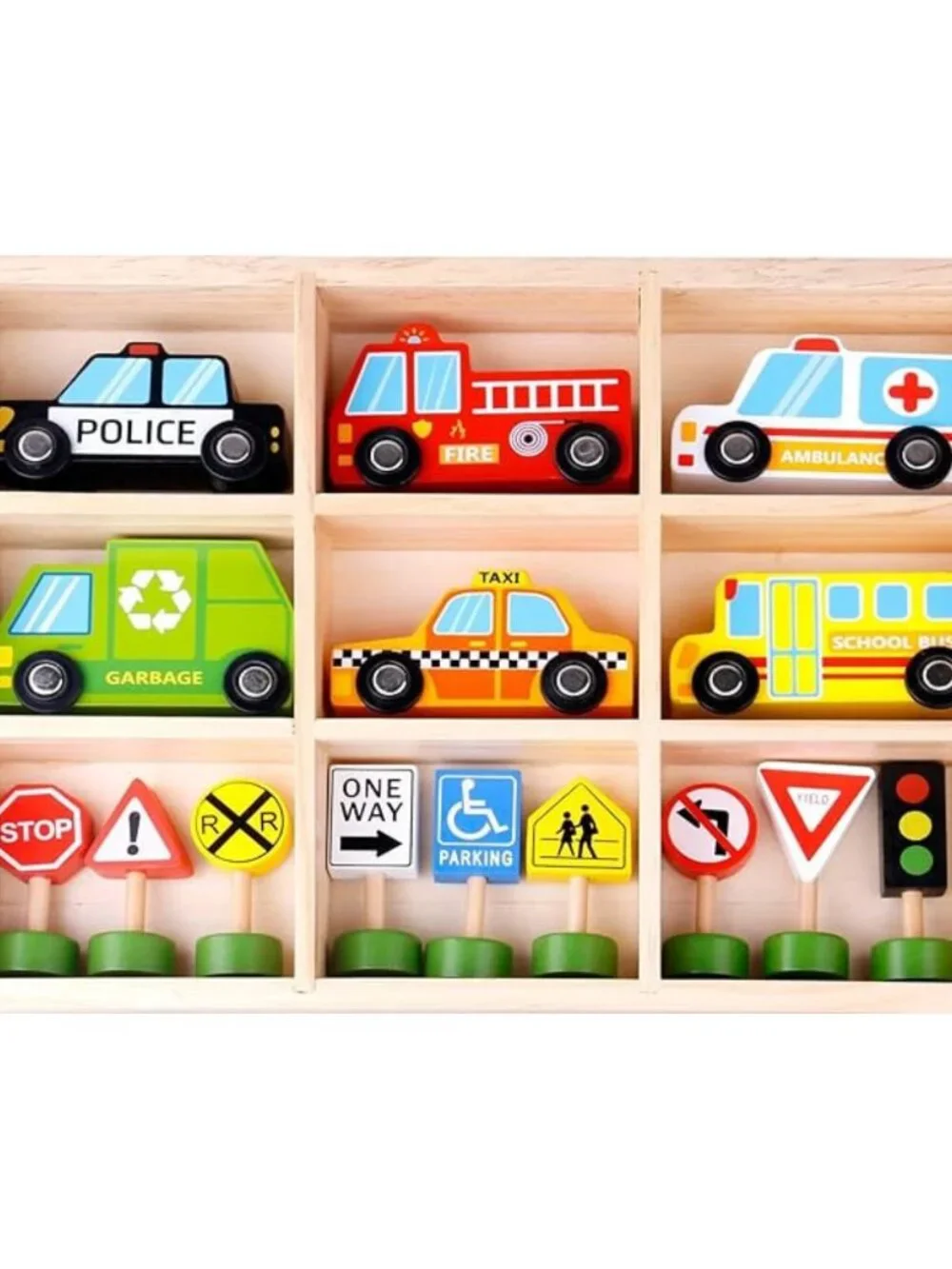 Montessori Wooden Transportation Vehicles & Road Signs Toy Set New